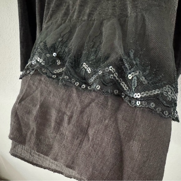 Gray Tunic Blouse Embellished Sequined Hem Sheer Top Boho Large Eclectic - Picture 6 of 12